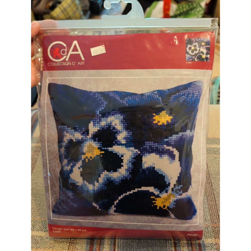New NOS COLLECTION D'ART Needlepoint Pillow Kit 16"X16" Pansies (Floral) 5.099